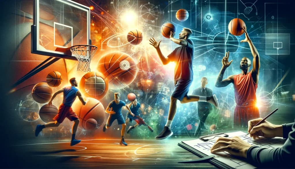 Basketball players practicing skills with digital strategy diagrams, coach drawing playbook, and glowing basketballs symbolizing technology and performance analytics.