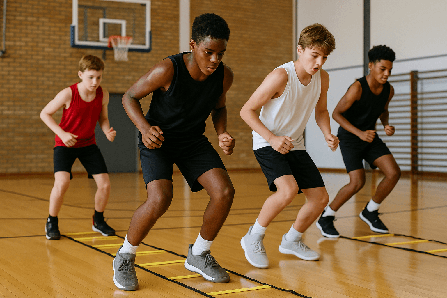 Young basketball players practicing agility ladder drills to improve quickness and foot speed in a gym