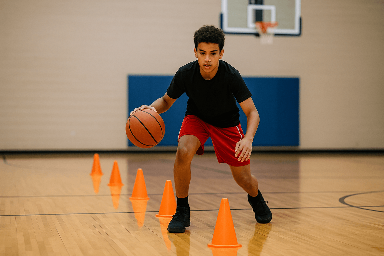 Young basketball player dribbling through cones in a gym while practicing ball handling