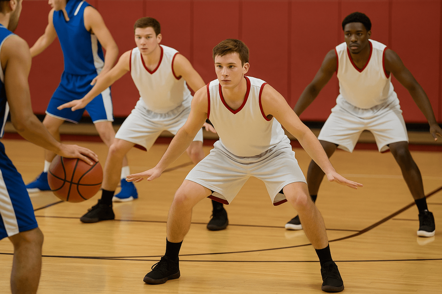 Basketball players in a 2-3 zone defense with arms up, covering passing lanes and protecting the basket
