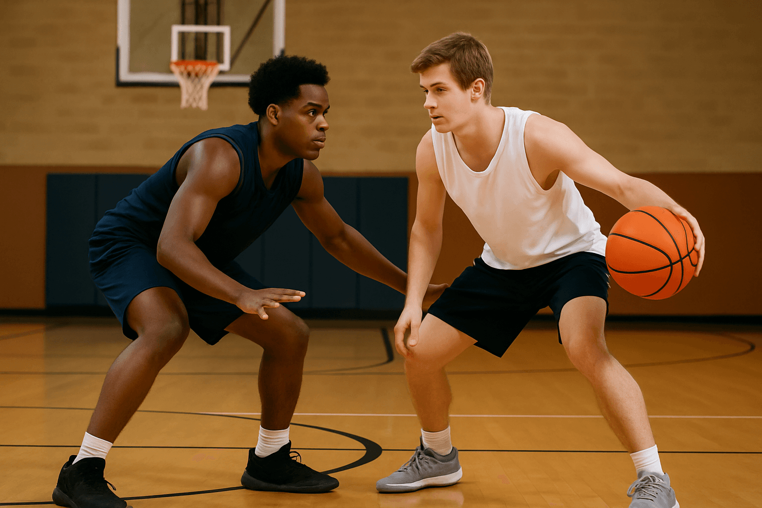 Teenage basketball player in a low defensive stance guarding an opponent in a gym