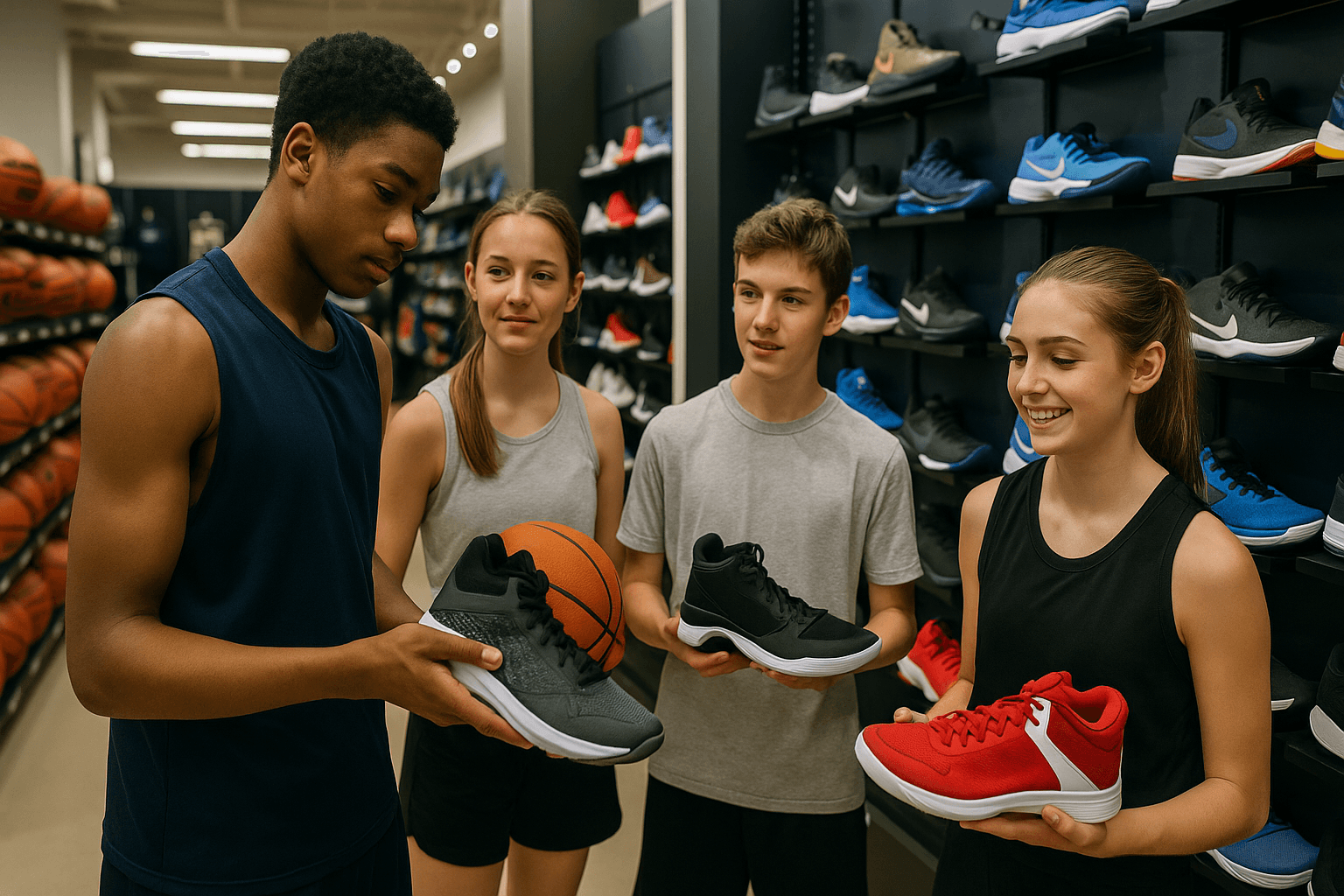 Teenagers shopping for basketball shoes and gear in a modern sports store