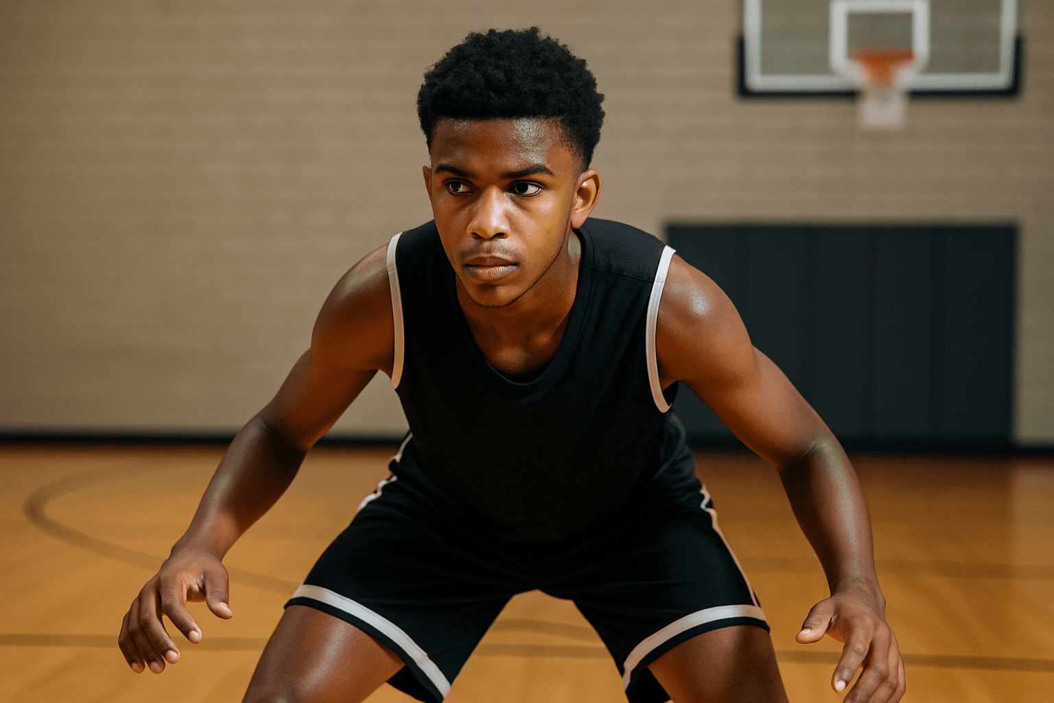 Young basketball player in a defensive stance focused on guarding his opponent with full concentration