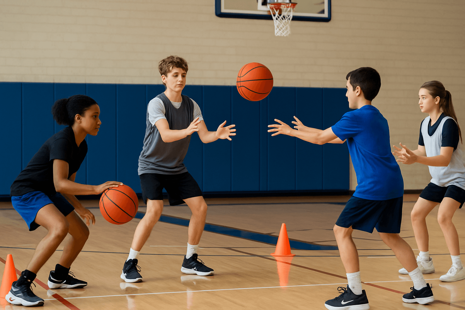 Young basketball players practicing passing and dribbling drills in a gym
