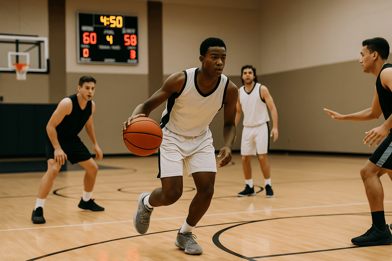 Basketball players running a half-court offensive set with spacing while the scoreboard shows time winding down