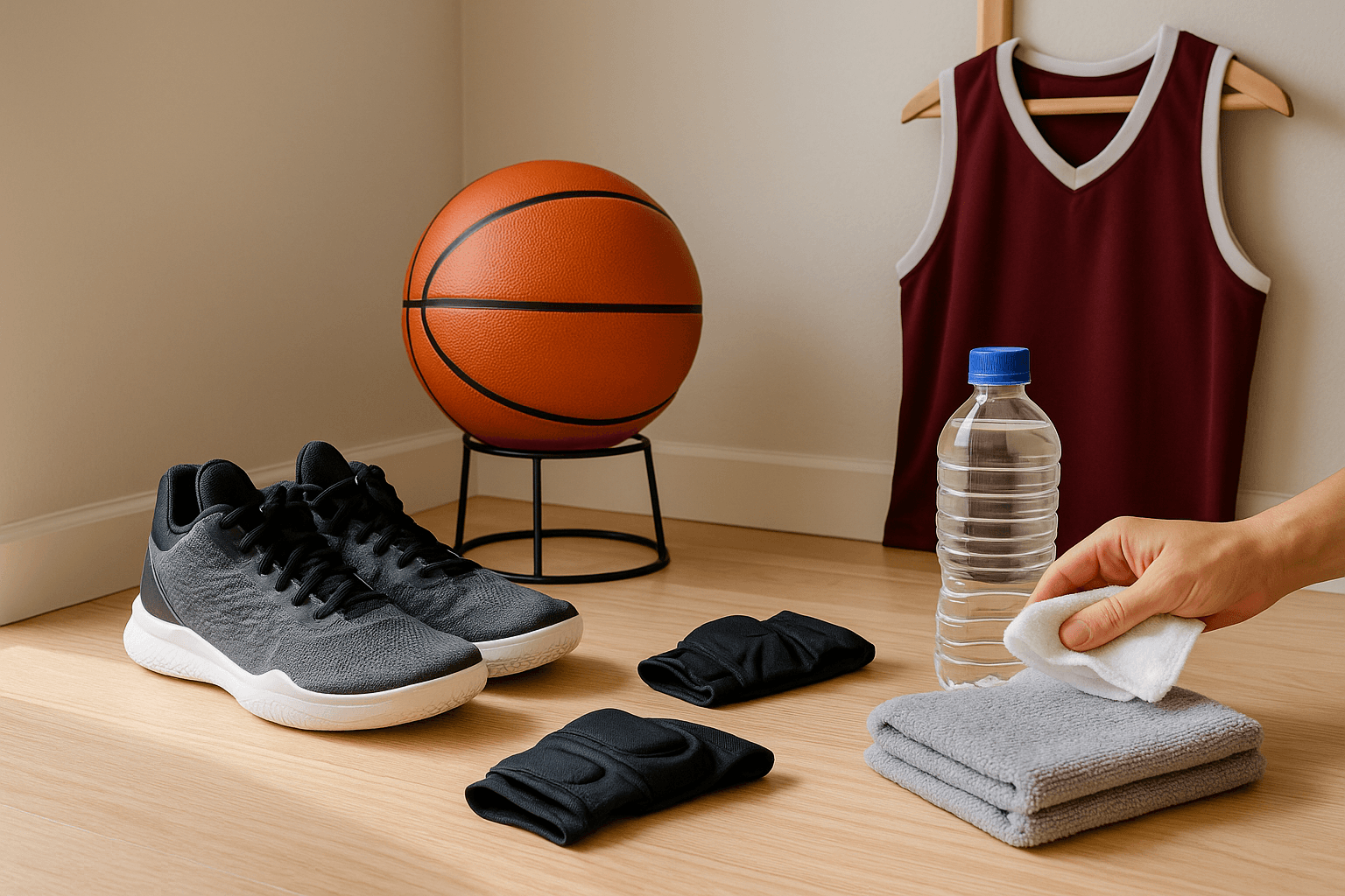 Basketball shoes drying by the door, a ball on a rack, and jersey hanging neatly at home