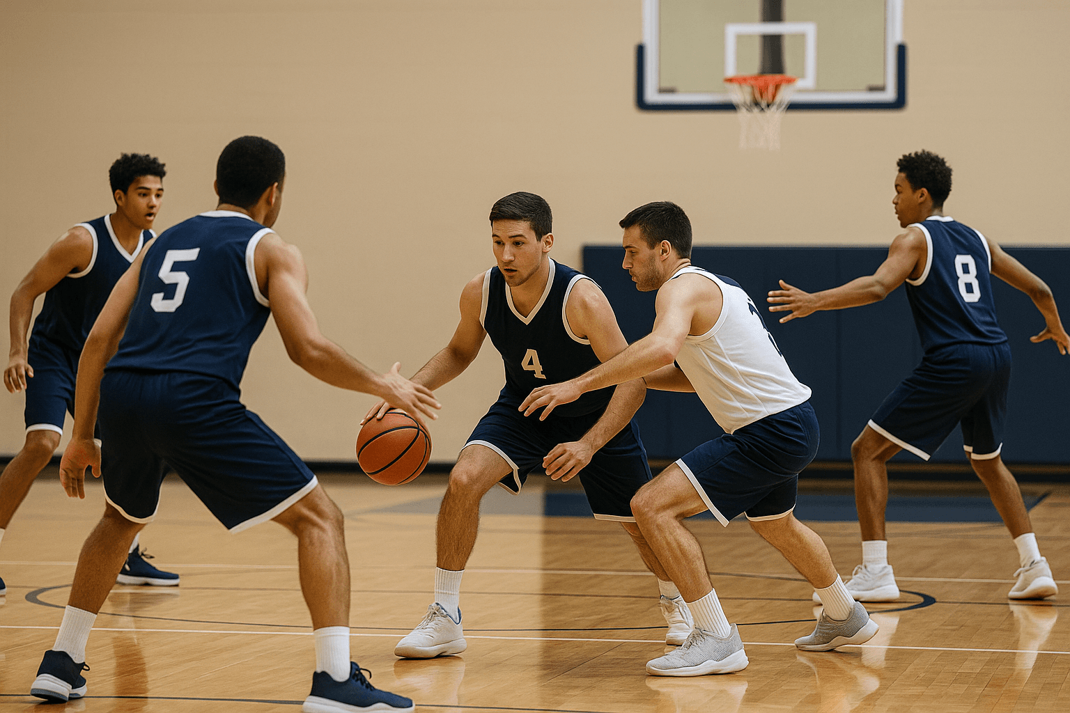 Basketball players running an offensive play with passing and cutting on a hardwood court