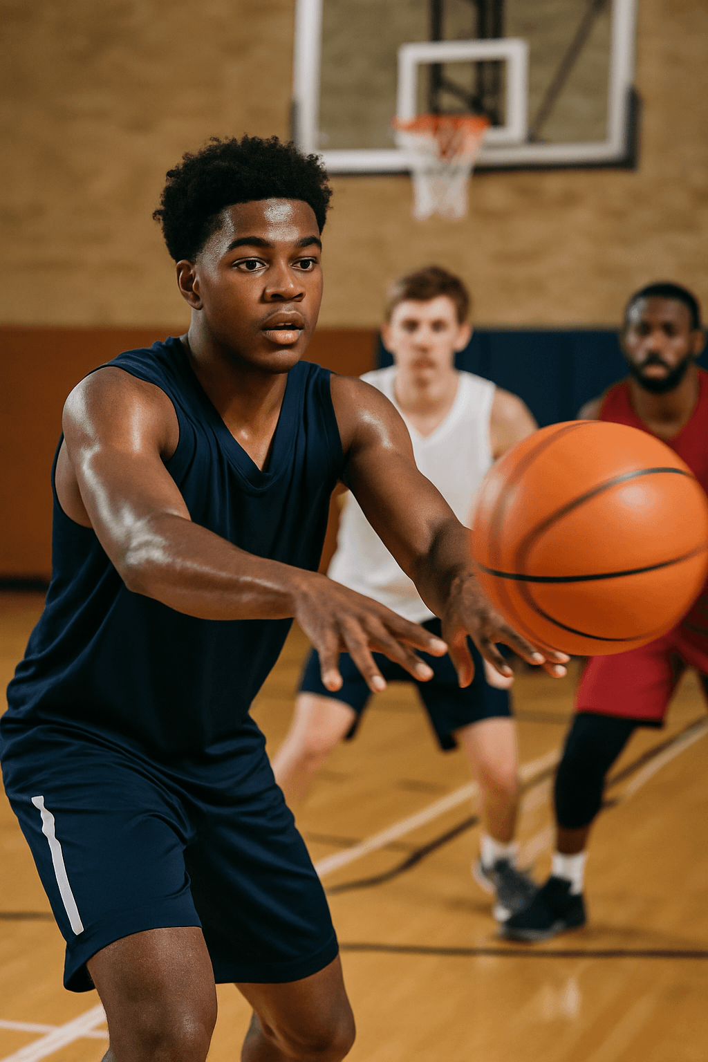 Two teenage basketball players practicing a fast chest pass in a gym with a hoop in the background