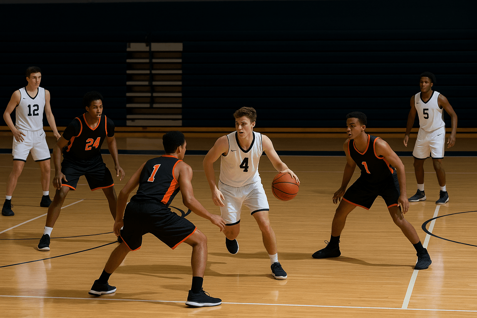 Basketball players spread in a 1-3-1 alignment to break a full-court press with defenders pressing tightly