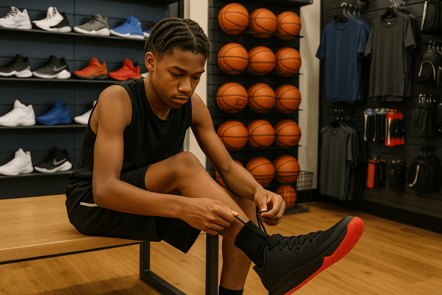 Teenager trying on basketball shoes in a sports store with basketballs and gear on display