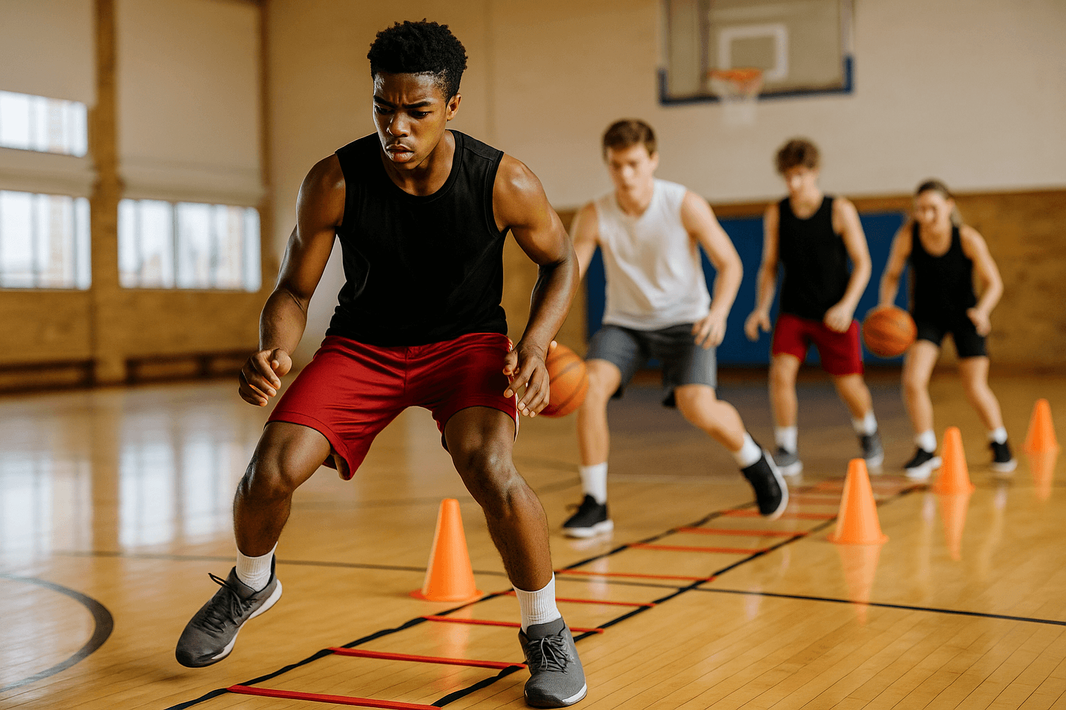Young basketball players performing agility ladder and cone drills during strength and conditioning training in a gym
