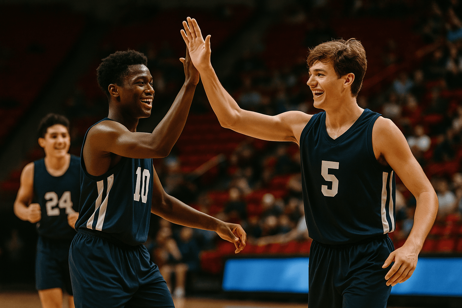Young basketball players celebrating with a high-five after a successful play, showing teamwork and unity